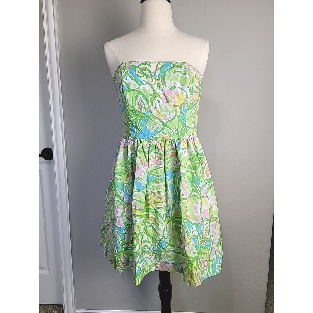 Lilly Pulitzer Richelle Sz 4 Strapless Tie Back Zip Dress in Elephant Ears Green